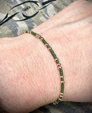 American Flyway Waterfowl Jewelry Dark Olive / 6.50 14K Gold Filled and Camo Color Seed Bead Stretch Bracelets