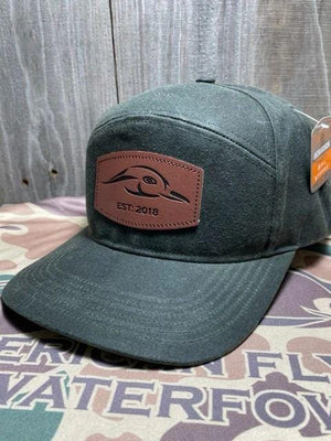 American Flyway Waterfowl Leather Patch Dark Olive Waxed Cap 7 Panel Snapback