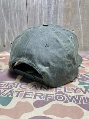 American Flyway Waterfowl Leather Patch Dark Olive Waxed Cap 7 Panel Snapback