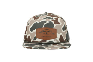 American Flyway Waterfowl Old School Camo Vintage Rope Leather Patch Green and Brown Camo Vintage Rope Old School Hat