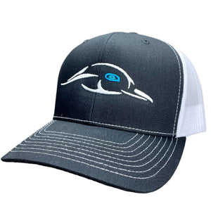 American Flyway Waterfowl TRUCKER HAT 112XL Black / White Mesh Back Silver Logo w/ Blue Eye