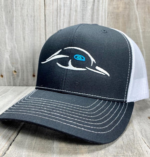 American Flyway Waterfowl TRUCKER HAT 112XL Black / White Mesh Back Silver Logo w/ Blue Eye