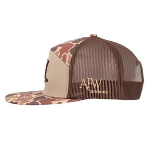 American Flyway Waterfowl Youth 7 Panel Youth 7 Panel Old School Camo 3 D Puff Turkey Tracks w Brown Mesh