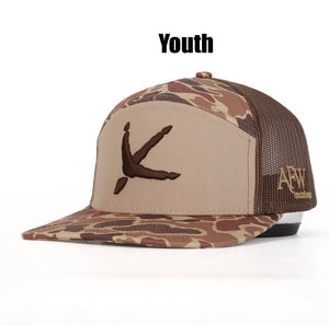 American Flyway Waterfowl Youth 7 Panel Youth 7 Panel Old School Camo 3 D Puff Turkey Tracks w Brown Mesh