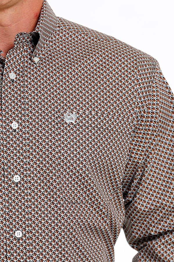 Cinch Men's Floral Geometric Print Brown Long Sleeve Button Down