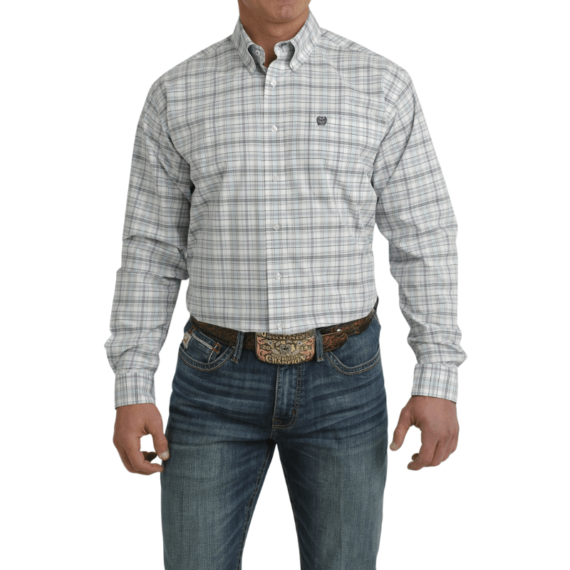 Cinch Men&rsquo;s Light Blue Plaid Long Sleeve Button Down Western Shirt 