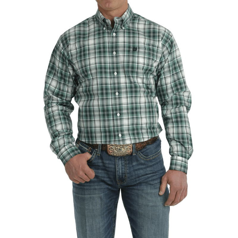 Cinch Men's Turquoise/White Plaid Long Sleeve Button Down Western Shirt MTW1105705 | Size Medium