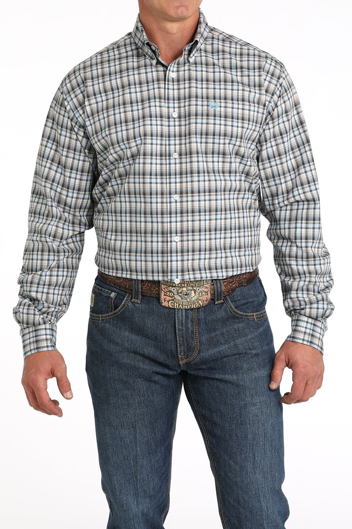 CINCH Shirts Cinch Men's White and Blue Plaid Button Down Western Shirt MTW1105800