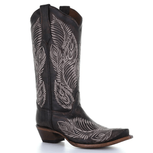 CIRCLE G BOOTS Boots Circle G Women's Dark Brown Feather Embroidered Snip Toe Western Boots L5790