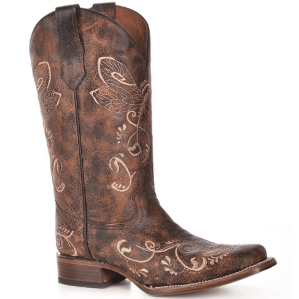 Circle G Women's Distressed Brown/Bone Dragonfly Embroidery Square Toe  Cowgirl Boots L5079