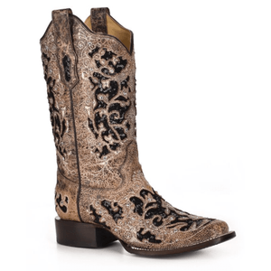 CORRAL BOOTS Boots Corral Women's Brown Inlay & Flowered Embroidery Square Toe Western Boots A3648