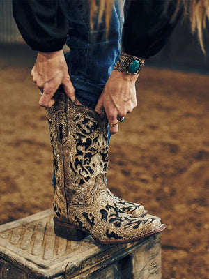 CORRAL BOOTS Boots Corral Women's Brown Inlay & Flowered Embroidery Square Toe Western Boots A3648