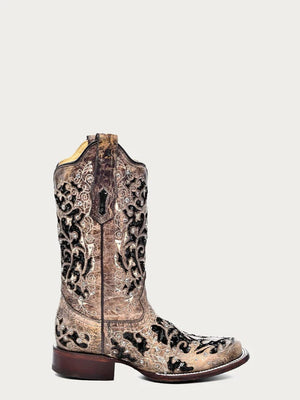 CORRAL BOOTS Boots Corral Women's Brown Inlay & Flowered Embroidery Square Toe Western Boots A3648