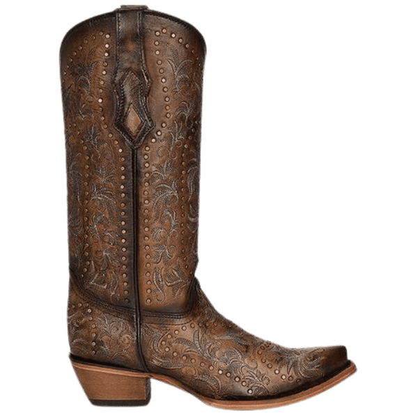 Corral Women's Maple Brown Embroidery & Studs Snip Toe Western Boots C3972