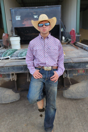 Drover Cowboy Threads Shirts Signature Series - Corral - Vented, Moisture Wicking, Red and Gray Print, Classic Fit Vented Shirt