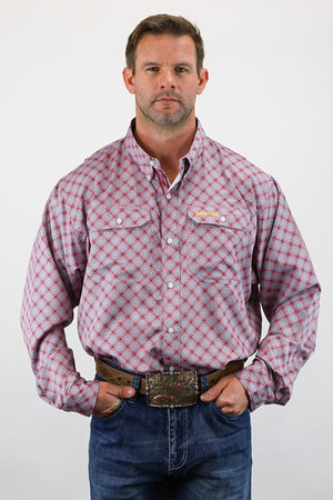 Drover Cowboy Threads Shirts Signature Series - Corral - Vented, Moisture Wicking, Red and Gray Print, Classic Fit Vented Shirt