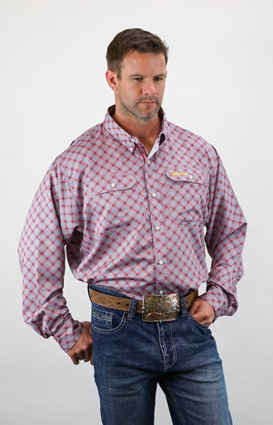 Drover Cowboy Threads Shirts Signature Series - Corral - Vented, Moisture Wicking, Red and Gray Print, Classic Fit Vented Shirt