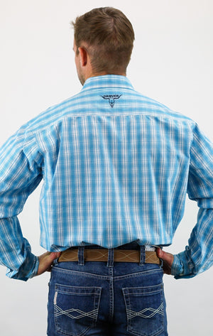 Drover Cowboy Threads Shirts Signature Series - Rawhide - Blue and White Plaid, Option Cuff, Classic Fit Shirt