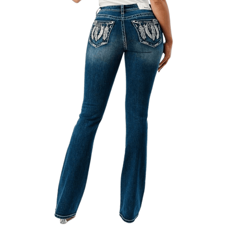 Grace in LA Women's Easy Fit Leopard Feather Boot Cut Jeans EBS512