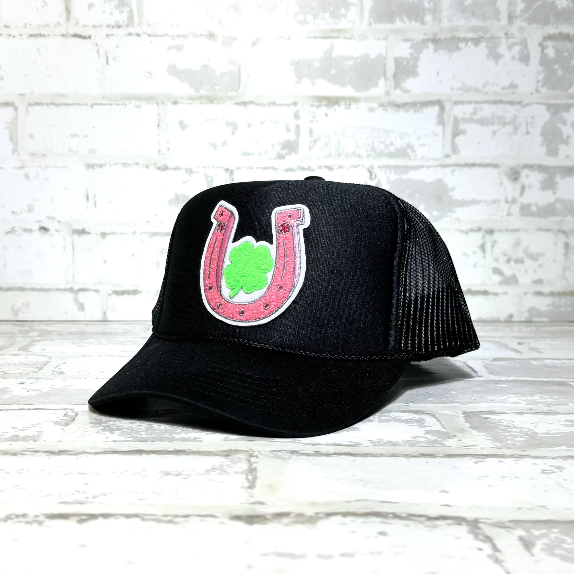 Lucky Chuck™ Hats Lucky Horseshoe Pink Chenille Patch Foam Trucker Hat