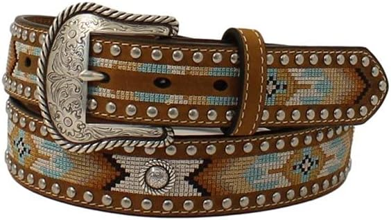 Embroidered brown leather belt
