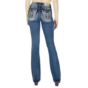 Miss Me Women's Metallic Floral Mid Rise Stretch Bootcut Jeans
