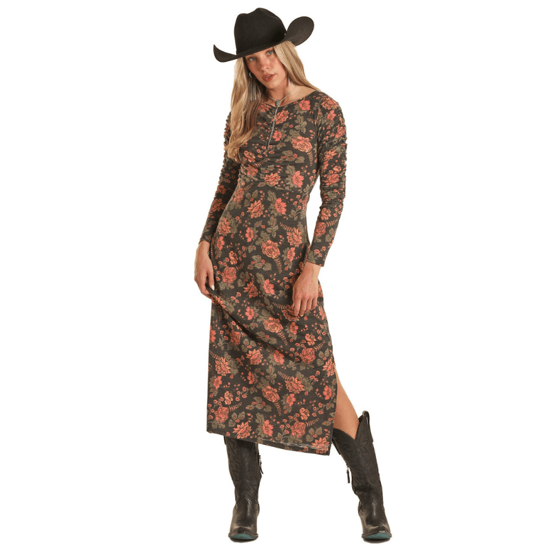 Rock & Roll Cowgirl Women's Ruched Floral Long Sleeve Midi Dress BWD2R -  Russell's Western Wear, Inc.