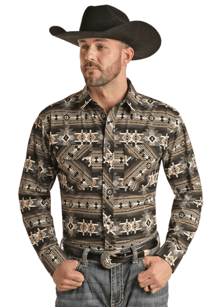 Panhandle Men's Teal Aztec Print Long Sleeve Snap Shirt PMN2S02325