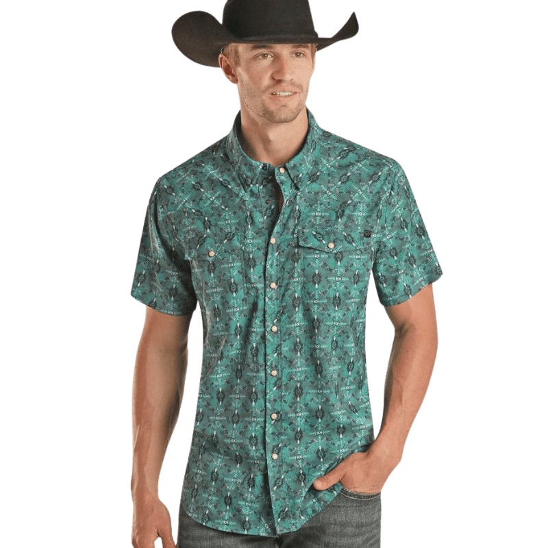 Rock & Roll Denim Men's Ripstop Aztec Teal Short Sleeve Western Snap Shirt  BMN3S02541