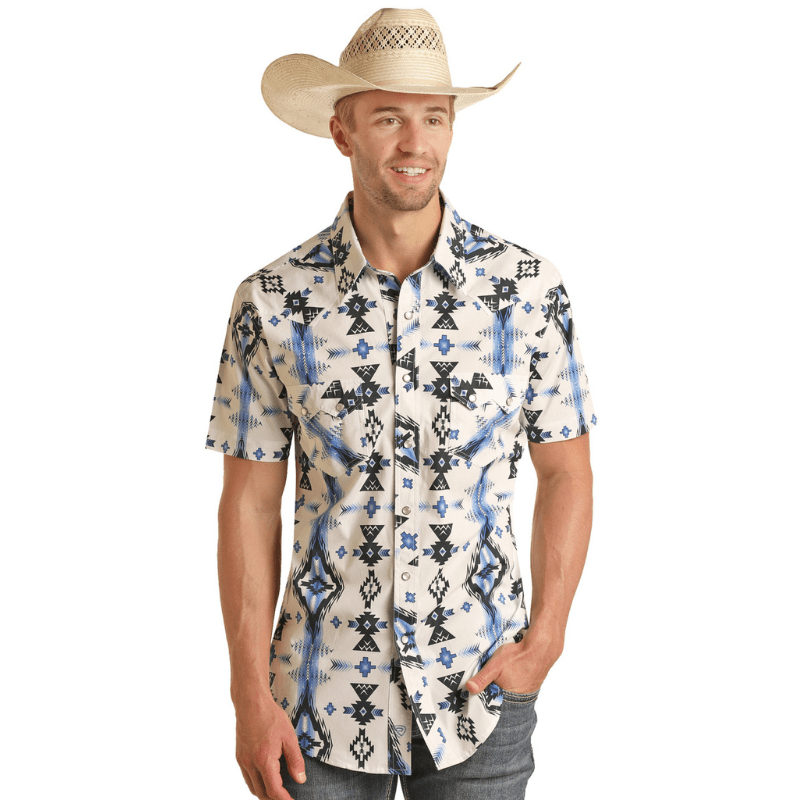 Rock & Roll Denim Blue Aztec Print Short Sleeve Western Snap Shirt BMN -  Russell's Western Wear, Inc.