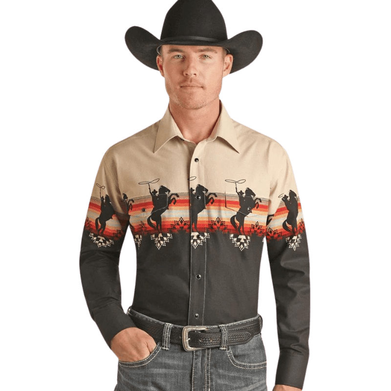 Panhandle Men s Black Bronco Border Print Long Sleeve Western Snap Shi Russell s Western Wear Inc