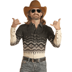 PANHANDLE SLIM Shirts Panhandle Men's Dale Brisby Black Aztec Border Print Long Sleeve Western Snap Shirt BMN2S02511