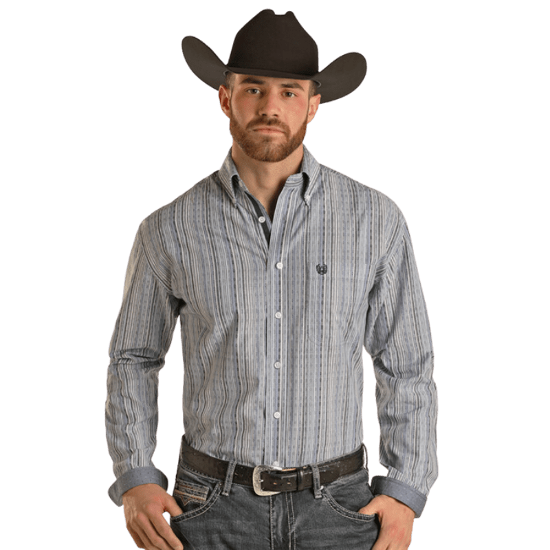 PANHANDLE SLIM Shirts Panhandle Men's Light Navy Stripe Long Sleeve Button Down Western Shirt RMB2S02807