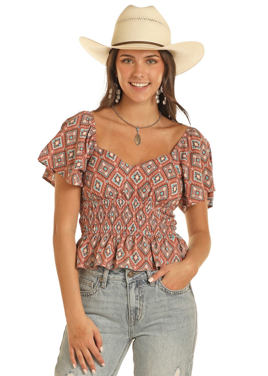 Panhandle Slim Shirts Rock & Roll Cowgirl Women's Rose/Mauve Aztec Print Flutter Sleeve Blouse BW51T03908