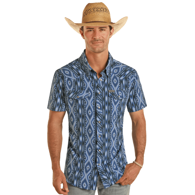 Rock & Roll Denim Men's Blue Aztec Print Short Sleeve Snap Shirt TMN3S04293