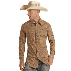 Panhandle Slim Shirts Rock & Roll Denim Men's Brown Longhorn Print Long Sleeve Western Snap Shirt BMN2S03367