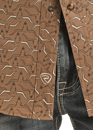 Panhandle Slim Shirts Rock & Roll Denim Men's Brown Longhorn Print Long Sleeve Western Snap Shirt BMN2S03367