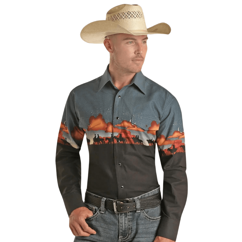 Panhandle Slim Shirts Rock & Roll Denim Men's Midnight Border Long Sleeve Western Snap Shirt SMN2S03218