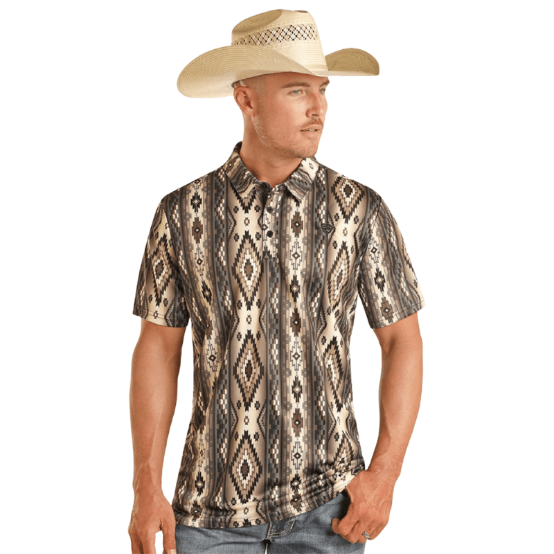 Panhandle Slim Shirts Rock & Roll Denim Men's Taupe Aztec Print Polo BM51T04451