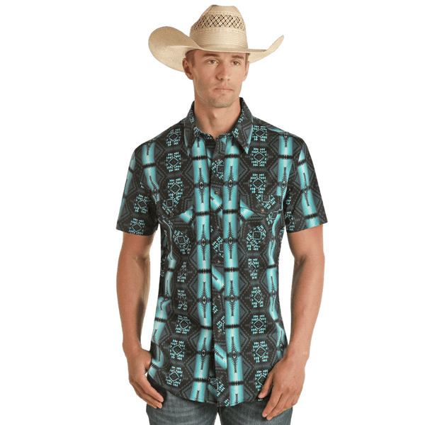 Rock & Roll Denim Men's Teal & Grey Aztec Print Short Sleeve Western Snap  Shirt RRMS1SR0Q1