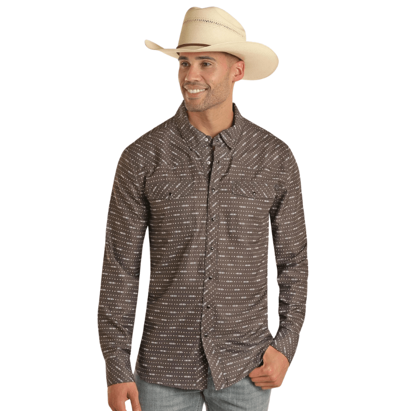 Panhandle Slim Shirts Rock & Roll Denim Men's Tek Western Geo Print Long Sleeve Western Snap Shirt BMN2SO3379