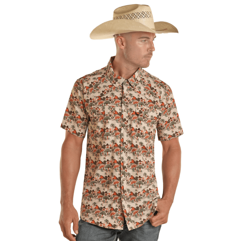 Panhandle Slim Shirts Rock & Roll Denim Men's Tek Western Tropical Print Short Sleeve Western Snap Shirt BMN3S04227