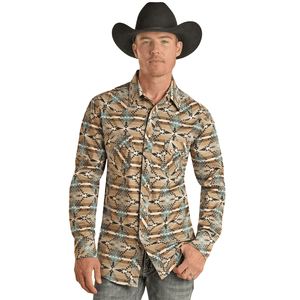 Panhandle Slim Shirts Rock & Roll Denim Men's Turquoise Aztec Stripe Long Sleeve Western Snap Shirt BMN2S02534