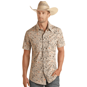 Panhandle Slim Shirts Rock & Roll Denim Tattoo Print Short Sleeve Western Snap Shirt BMN3S03950