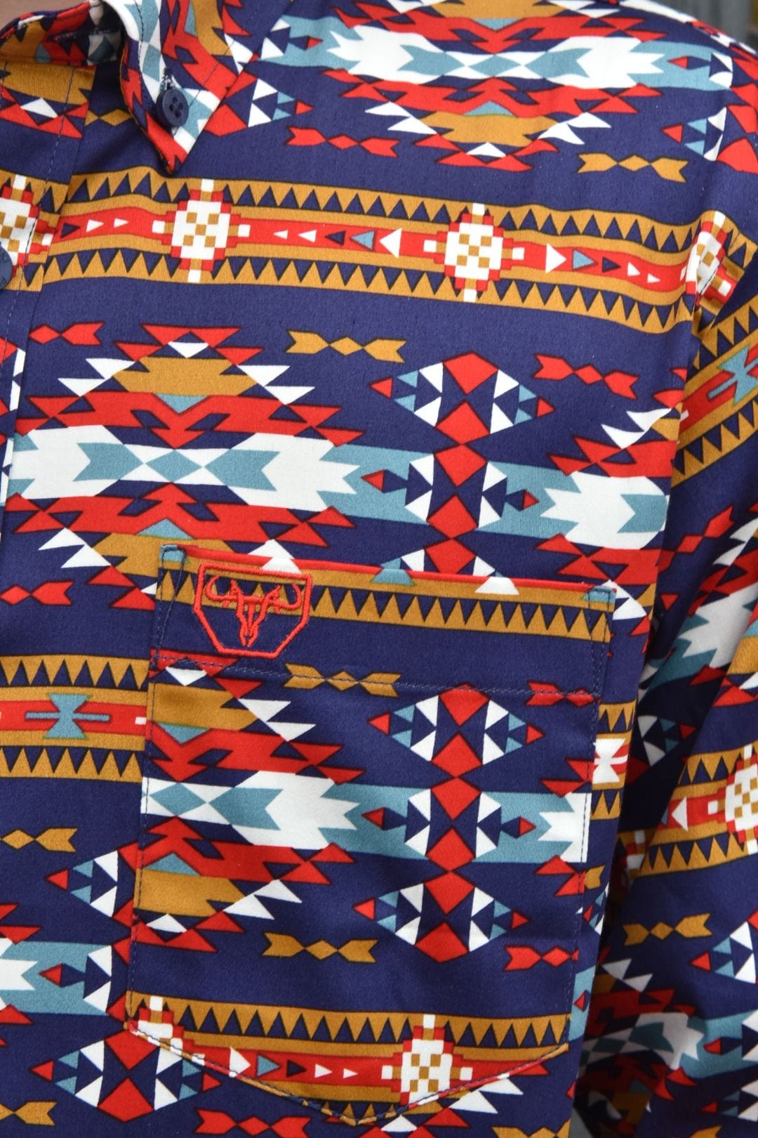 Kid's Cotton Navy Aztec Digital Print Dress Shirt - Russell's 
