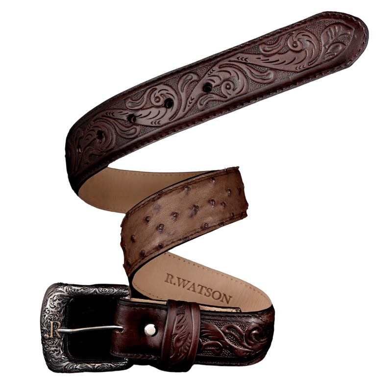 R WATSON BOOTS Belts R. Watson Men's Ostrich Bruchiato Moka Belt RWB2312