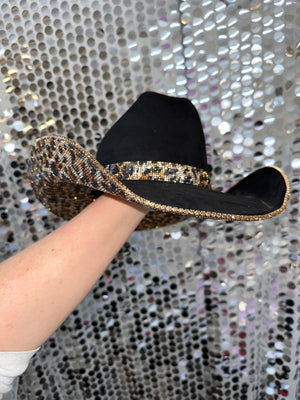 Rhinestone Cowgirl Hats Black Suede & Brown Leopard Rhinestones