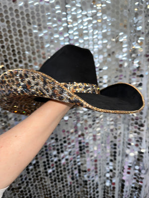 Rhinestone Cowgirl Hats Black Suede & Brown Leopard Rhinestones