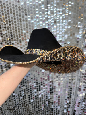 Rhinestone Cowgirl Hats Black Suede & Brown Leopard Rhinestones