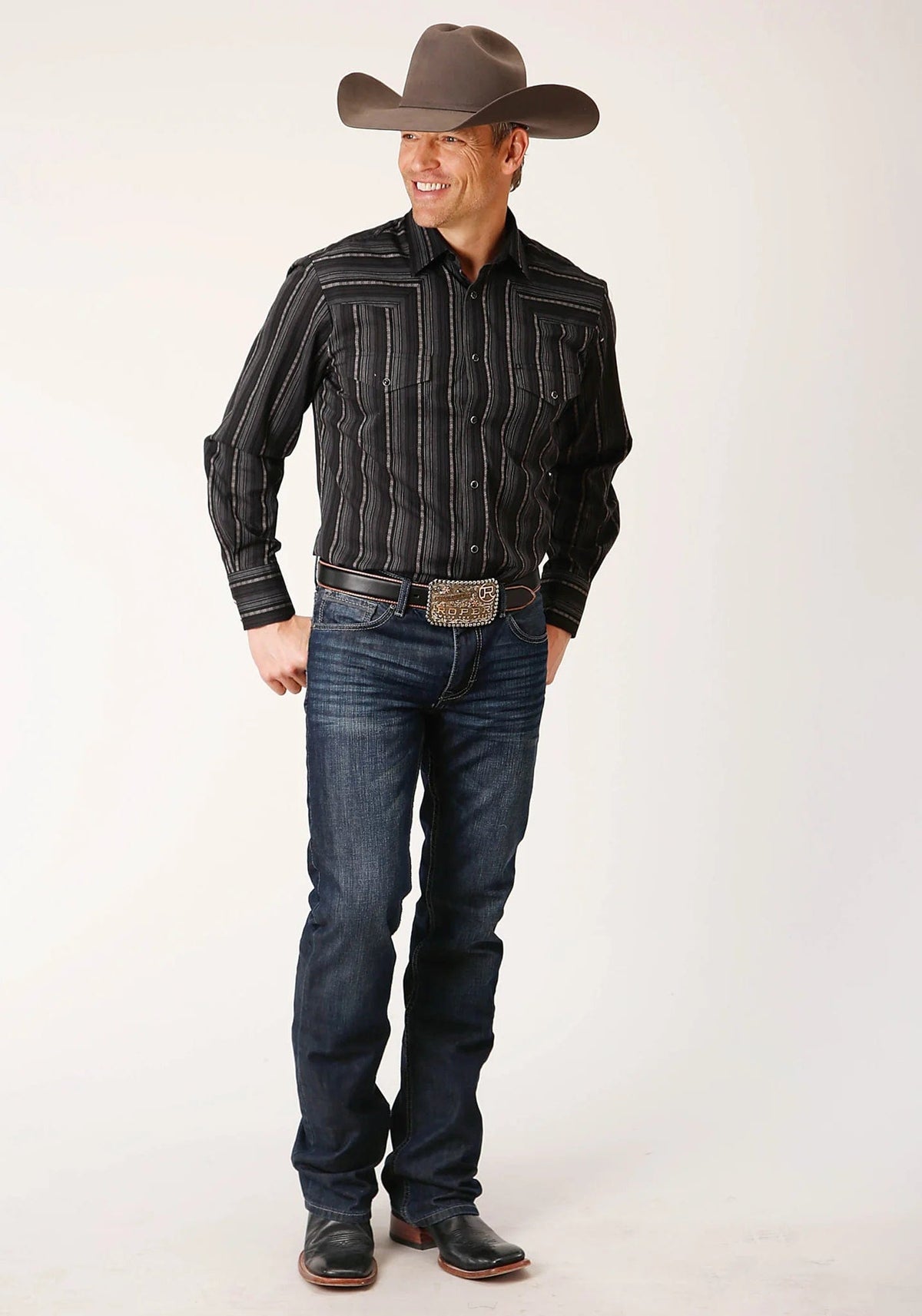 Roper Men's Black/Charcoal Grey Stripe Long Sleeve Western Snap Shirt 01-001-0044-0669 Bl | Size Medium